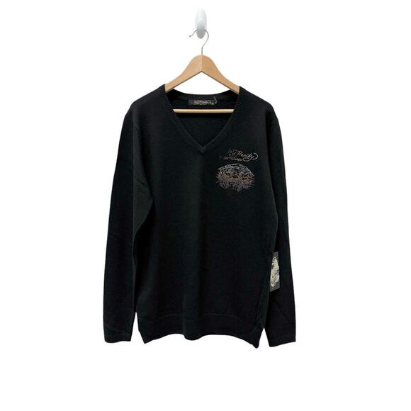 NWT Ed Hardy Wool Blend Tiger Rhinestone V-Neckline Sweater Black Men’s Size XXL - Picture 3 of 9